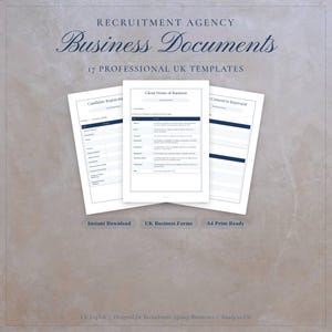 Puede incluir: Tres plantillas de documentos comerciales blancos con detalles en azul, etiquetadas como "Candidate Registration", "Client Terms of Business" y "Consent to Represent". El texto dice "Recruitment Agency Business Documents" y "17 Professional UK Templates".
