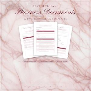 May include: Aesthetician business documents on a pink marble background. The documents include client consultation forms and treatment records. The text reads "AESTHETICIANS Business Documents 14 PROFESSIONAL UK TEMPLATES". The documents are A4 print ready.