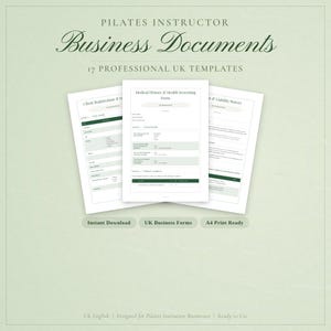 Puede incluir: Tres plantillas de documentos comerciales blancos para instructores de Pilates, que incluyen un formulario de registro de clientes, un formulario de historial médico y una exención de responsabilidad. Los documentos están etiquetados como "Descarga instantánea", "Formularios comerciales del Reino Unido" y "Listo para imprimir A4".