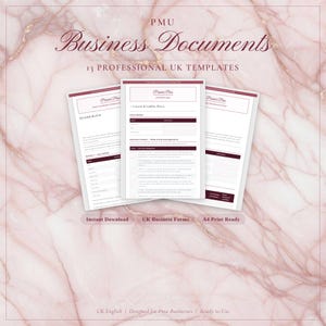 May include: Three white business document templates with burgundy accents are displayed against a pink marble background. The text on the documents includes "Client Consent & Liability Waiver" and "Header Block". The image also includes the text "Business Documents".
