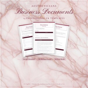 May include: Three professional UK business document templates for aestheticians, with the text "AESTHETICIANS Business Documents 14 PROFESSIONAL UK TEMPLATES". The documents are on a pink marble background. The text "Instant Download", "UK Business Forms", and "A4 Print Ready" are also visible.