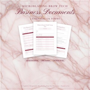 May include: A set of three white business document forms with a pink header and footer, against a pink marble background. The forms are labeled "Client Registration & Info", "Medical History & Health Screening Form", and "Notice of Liability Waiver". Text includes "Instant Download", "PDF Format", and "A4 Print Ready".