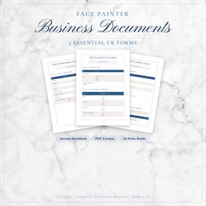 May include: A set of three white business document templates for face painters, with headings such as "Client Registration" and "Skin Sensitivity Screening." The documents are on a marble-patterned background. Text includes "Instant Download," "PDF Format," and "A4 Print Ready."
