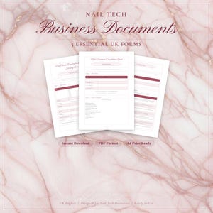 May include: A set of three white business document forms for nail technicians, with burgundy accents, against a pink marble background. Text includes "Nail Tech Business Documents" and "5 Essential UK Forms". The forms are A4 print ready.