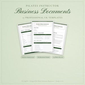Puede incluir: Tres plantillas de documentos comerciales blancos para instructores de Pilates. Los documentos incluyen secciones para detalles del cliente e información general de salud. El texto incluye "Premier Pilates Instructor" y "UK Business Forms".