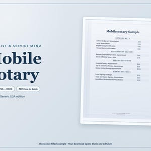 May include: A digital price list and service menu template for a mobile notary, featuring dark blue text on a light blue background. The document includes sections for notarial acts, appointment delivery, specialized visits, and signing packages.