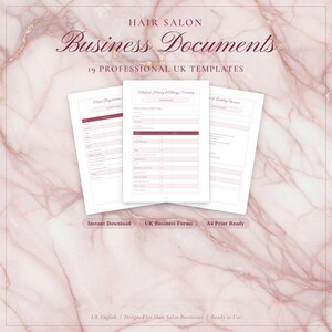 May include: A promotional image for a hair salon featuring business documents. The documents are displayed on a pink marble background. The text includes "Hair Salon Business Documents" and "19 Professional UK Templates."