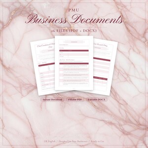 May include: A digital download graphic with the text "PMU Business Documents" and "26 FILES (PDF + DOCX)". The image features three white documents with burgundy accents against a pink marble background. Text includes "Instant Download", "Fillable PDF", and "Editable DOCX".