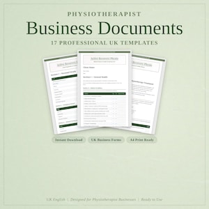 May include: A light green graphic with the text "PHYSIOTHERAPIST Business Documents" and "17 PROFESSIONAL UK TEMPLATES." Three white documents are displayed, with the text "Active Recovery Physio" and "A4 Print Ready."