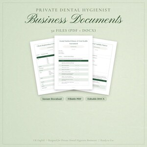 Puede incluir: Presentación de documentos comerciales para higienistas dentales privados. La imagen muestra tres documentos blancos con texto, incluido un formulario de registro de clientes y una evaluación de la historia clínica dental. El texto incluye "Descarga instantánea", "PDF rellenable" y "DOCX editable".
