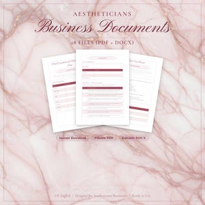 May include: Aesthetician business documents with a marble background. The documents include client consultation forms and treatment records. The text on the image says "Aestheticians Business Documents" and "28 Files (PDF + DOCX)". The documents are available for instant download.