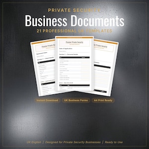 Könnte beinhalten: Bild von Geschäftsdokumenten mit dem Text "Business Documents" und "21 Professional UK Templates". Die Dokumente sind mit "Premier Private Security" beschriftet und enthalten Abschnitte für Kundendetails und persönliche Informationen. Das Bild enthält auch den Text "Instant Download", "UK Business Forms" und "A4 Print Ready".