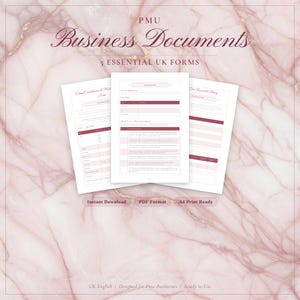May include: A digital download featuring three white business document templates with burgundy accents. The text "Business Documents" and "5 Essential UK Forms" are displayed. The background has a pink marble design. Text includes "Instant Download" and "A4 Print Ready."