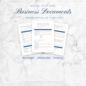 May include: A marble-textured background with three business document templates for music teachers. The documents include a student registration form, a client brief, and a liability waiver. Text on the image reads "Music Teacher Business Documents" and "17 Professional UK Templates."