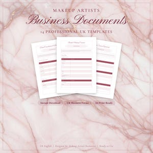 May include: A set of three white business document templates with burgundy accents, designed for makeup artists. The documents include a client consultation form, a bridal makeup contract, and a service agreement. The image includes the text "Makeup Artists Business Documents".