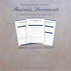 Puede incluir: Tres plantillas de documentos comerciales blancos con el texto "Premier Recruitment Agency" y "Business Documents". Los documentos están etiquetados como "Instant Download", "UK Business Forms" y "A4 Print Ready". El fondo es gris claro.