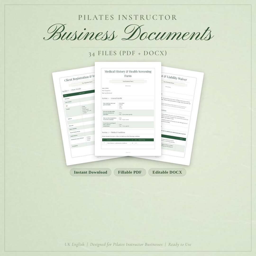 Pilates Instructor Forms UK — 17 Fillable Pdfs & Editable DOCX ...