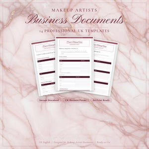 May include: Three white business document templates for makeup artists, with burgundy accents, against a pink marble background. Text includes "Makeup Artists Business Documents" and "14 Professional UK Templates". The documents are labeled "Client Consultation", "Bridal Makeup Contract", and "Agreement".