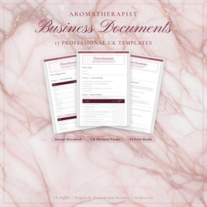 May include: Three white business document templates for aromatherapists, with the text "AROMATHERAPIST Business Documents" and "17 PROFESSIONAL UK TEMPLATES". The documents are on a pink marble background. Text includes "Instant Download", "UK Business Forms", and "A4 Print Ready".