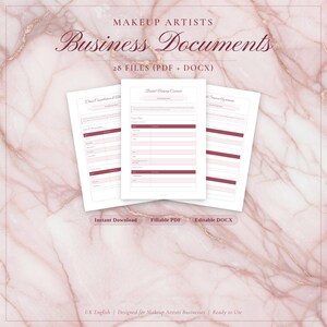 May include: A digital download featuring business documents for makeup artists. The image displays three white documents with pink accents, including a client consultation form and a bridal makeup contract. The background has a pink marble pattern. Text includes "Instant Download" and "Editable DOCX."