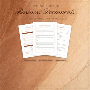 Puede incluir: Imagen promocional para una boutique de ropa con documentos comerciales. La imagen muestra tres documentos blancos de tamaño A4 con texto, incluido un formulario de registro de cliente y condiciones de venta. El fondo es de color marrón texturizado. El texto incluye "Business Documents" y "UK Business Forms."