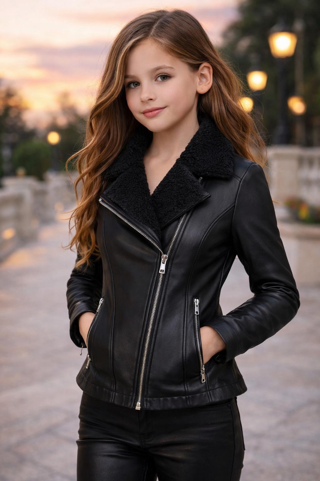 Black Leather Jacket Girls Fur Collar Winter Kids Wear Slim Fit