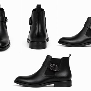 May include: Black leather Chelsea boots with a buckle detail. The boots have a rounded toe and a low heel. The ankle boots are shown from multiple angles, including front, back, and side views. The boots are a classic style.