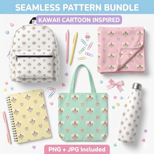 May include: A collection of stationery and accessories with a repeating pattern of cartoon characters and hearts. Includes a backpack, tote bag, notebook, blanket, water bottle, pens, and paperclips. The text "SEAMLESS PATTERN BUNDLE" and "KAWAII CARTOON INSPIRED" are visible.