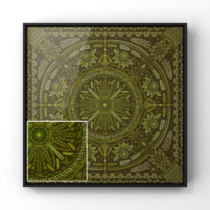 May include: A framed square print featuring a detailed, symmetrical design in shades of green and brown. The artwork showcases a central circular pattern surrounded by floral and botanical elements, with a smaller inset view of the design.