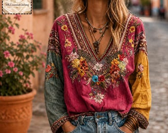 Boho Embroidered V-Neck Blouse | Ethnic Floral Linen Top | Vintage Hippie chic Shirt
