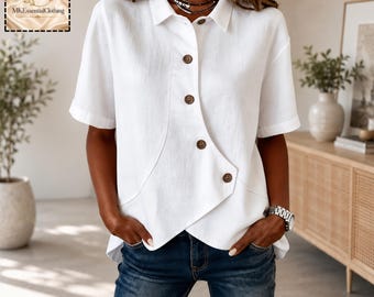 Chemise boutonnée en coton et lin pour femme | Blouse d'été ample | Haut décontracté bohème pour les vacances