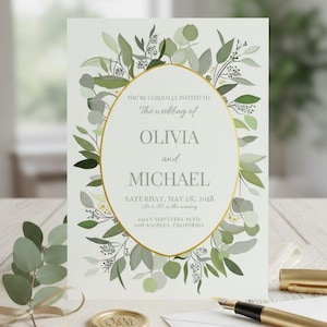 May include: Wedding invitation with the names Olivia and Michael, surrounded by green and grey foliage. The invitation includes the date, time, and location: 2023 S Sepulveda Blvd, Los Angeles, California.