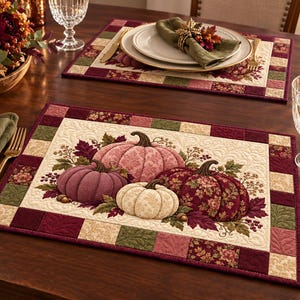 Set di tovagliette trapuntate con zucche color bordeaux, runner da tavola autunnale per la raccolta, biancheria da tavola per il Ringraziamento, tovagliette in stile patchwork autunnale