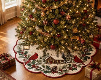 Cardinal Christmas Quilted Tree Skirt, Holly Berry Rustic Holiday Tree Mat, Floral Christmas Farmhouse Decor