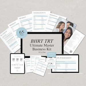 Peut inclure: Un kit professionnel BHRT TRT Ultimate Master comprenant plus de 65 pages de documents, incluant des formulaires d'admission, des formulaires de consentement et des revues d'effets secondaires, avec des codes QR de paiement et des cartes.