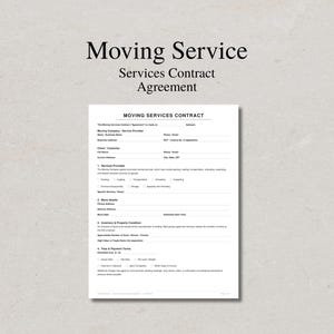 Könnte beinhalten: Ein weißes Dokument mit der Überschrift Moving Services Contract und schwarzem Text. Das Formular enthält Abschnitte für Dienstleister- und Kundendaten, erbrachte Leistungen, Umzugsdetails, Inventarliste sowie Gebühren und Zahlungsbedingungen.