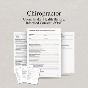 Könnte beinhalten: Ein Satz weißer Papierformulare für Chiropraktiker, einschließlich Patientenaufnahme, Gesundheitsgeschichte, Einverständniserklärung und SOAP-Notizen. Die Dokumente zeigen schwarzen Text auf weißem Hintergrund mit strukturierten Abschnitten.