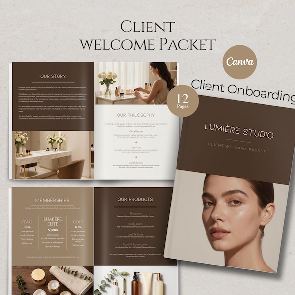 Luxury Beauty Salon Client Welcome Packet Templates Design, Editable Client Onboarding Book, Canva
