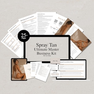 May include: A digital business kit for spray tanning services featuring a collection of over 25 pages of documents, including service agreements, intake forms, and policy sheets displayed on a computer monitor and tablet screen with text.
