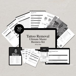 May include: A collection of digital documents and forms for a tattoo removal business, including a master kit with over 30 pages, client intake forms, consent forms, payment agreements, and educational materials displayed on a tablet and laptop screen.