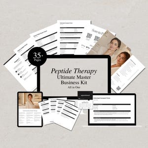 Könnte beinhalten: Ein digitales Business-Kit mit dem Titel "Peptide Therapy Ultimate Master Business Kit All in One" wird auf einem Tablet, Laptop und Desktop-Computer angezeigt. Das Kit enthält Formulare und Dokumente mit dem Text "35+ Pages" auf einem kreisförmigen Badge. Das Bild hat einen hellen Hintergrund.