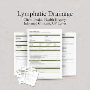 Peut inclure: Un ensemble de documents imprimés pour le drainage lymphatique comprenant un formulaire d'admission, des antécédents médicaux, un consentement éclairé et une lettre au médecin. Texte noir sur papier blanc avec des en-têtes vert olive.