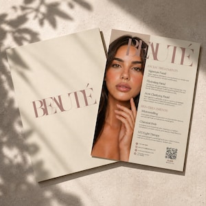 May include: A brochure and a magazine with the word "BEAUTÉ" in a mauve color. The magazine features a woman's face and lists facial and skin treatments, including Signature Facial, Hydrating Facial, and Acne Clarifying Facial.