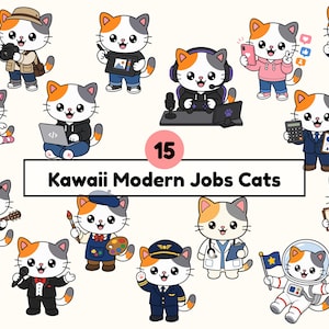 Puede incluir: Una colección de 15 gatos calicó de dibujos animados con diversos atuendos profesionales, incluyendo un fotógrafo, un jugador, una bailarina y un astronauta. El texto central dice 15 Kawaii Modern Jobs Cats, mostrando roles diversos.