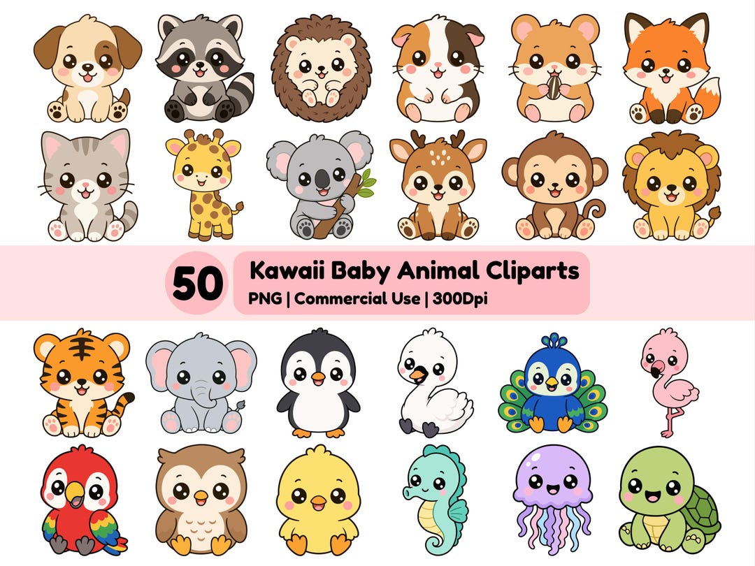 Cute Kawaii Baby Animal Clipart PNG Bundle, Flat Vector Cartoon Animals ...