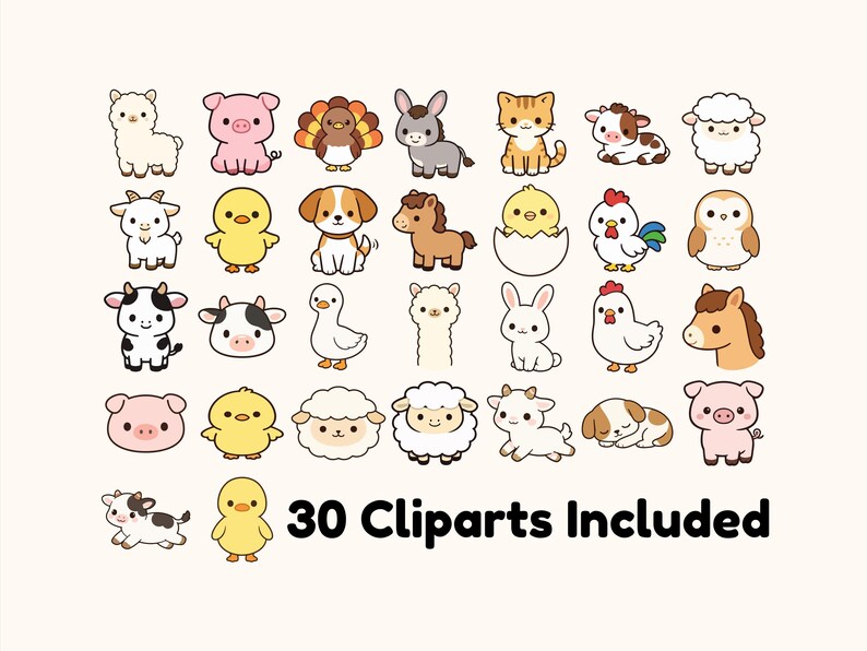 Cute Farm Animals Clipart Bundle PNG | Kawaii Farm Animal Graphics ...