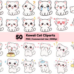 May include: A collection of 50 Kawaii cat cliparts in various poses and expressions. The white cats have black outlines and are shown with emotions like happiness, sadness, and confusion. Text on the image reads "50 Kawaii Cat Cliparts PNG | Commercial Use | 300Dpi."