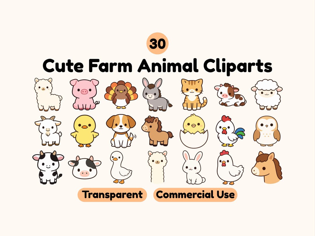 Cute Farm Animals Clipart Bundle PNG | Kawaii Farm Animal Graphics ...