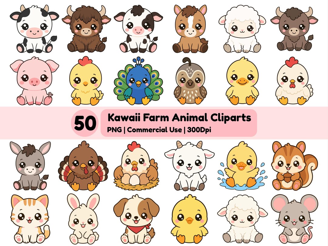 Kawaii Farm Animals Clipart Bundle PNG | Cute Baby Cow Pig Sheep ...