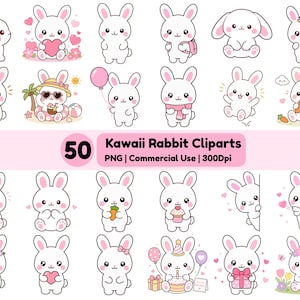 May include: A collection of 25 adorable white rabbit cliparts in various poses, some holding hearts, carrots, and balloons. The image includes the text "50 Kawaii Rabbit Cliparts" in pink, with details about the file type and resolution.